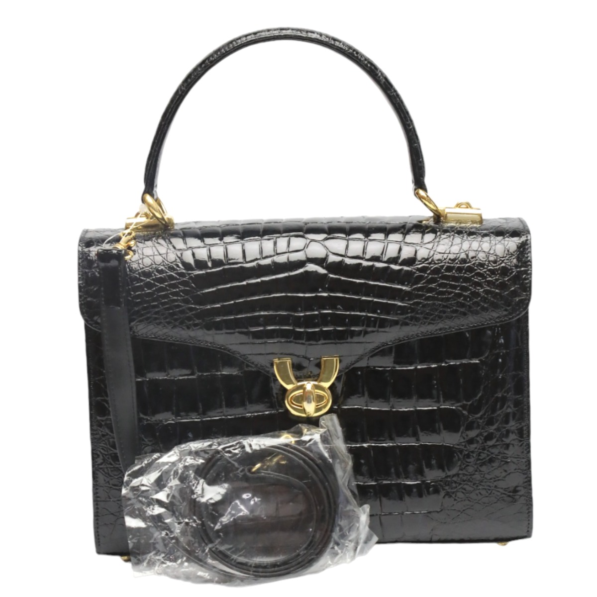 クロコダイル CROCODILE ハンドバッグ シャイニング クロコダイル 2WAY クロコダイル ブラック 【SS】 【中古】
