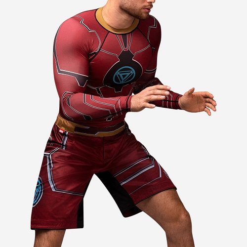 【在庫あり】HAYABUSA［ハヤブサ］ MARVEL　マーベル　アイアンマン　ラッシュガード（長袖）・ファイトショーツ セット [Mサイズ]　限定１セットのみ！ ／　マーベルヒーロー アベンジャーズ Iron Man レーニングウェア 上下セット MMA 格闘技 総合 スポーツ｜MAZA FIGHT 店