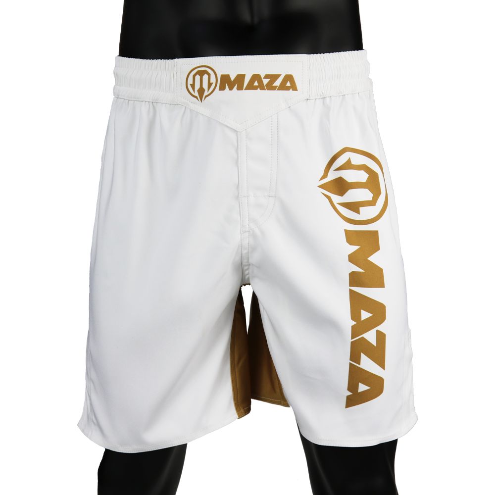 MAZA [マザ] 戦うことさる股引き 労働者階級戦うこと（白/ゴールド）／ Pro Fight Fight Shorts White-Gold ／ 戦うことズボン下 蹴りつけるズボン下 ボクシング さる股引き ズボン下 コンバットショーツ 遊撃手ズボン下 二分の一ズボン下 ボクシング御召しもの ボトムス 訓練を受ける着 力くらべ