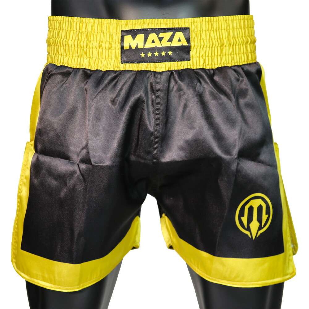 MAZA［マザ］ キックボクシングさる股引き（黒/ゴールド）／ kickboxing shorts - black/gold／ 蹴りつけるズボン下 ボクシングさる股引き ムエタイ ズボン下 さる股引き  二分の一ズボン下 スパッツ 戦うことズボン下  ボクシング さる股引き キックボクシング ズボン下【マザファイト】