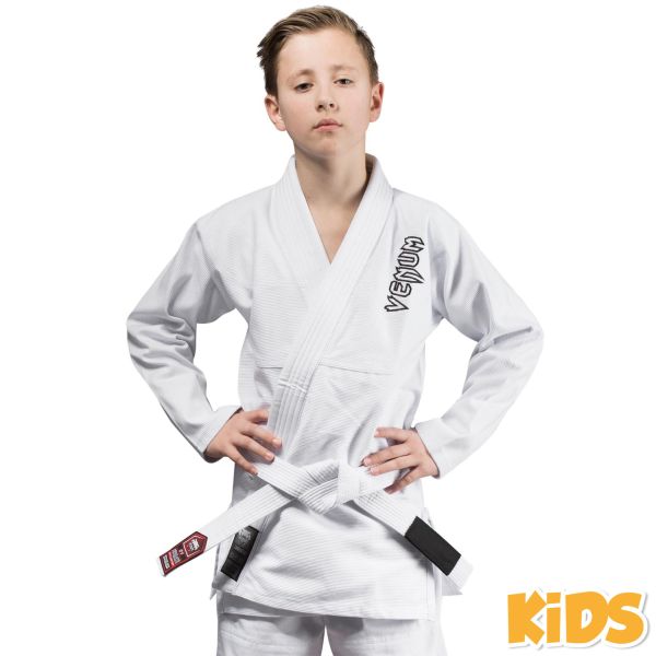 VENUM [ヴェヌム] ブラジリアン柔術着 キッズ Contender（白）- コンテンダー 白帯付き添い人書き割り ／ Kids BJJ Gi - White 定め事品 柔術衣 道着 Jiu Jitsu Gi 訓練を受ける 力くらべ ちびっ子用 お坊っちゃん 若い者 運動競技装置 制服 ボクシングブランド名 グラップリング IBJJF JBJJF
