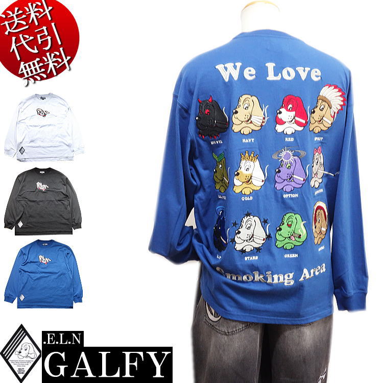 2024年冬物新作【ビッグ有】GALFY.E.L.N/ガルフィー【送料無料】ヤニラバーズ 愛煙家 人気キャラアップリケ刺繍 ロゴ刺繍 天竺 ピスネーム TEE 長袖ＴロングＴシャツ 白/黒/青 L中型犬/XL大型犬(L～3L対応)【smtb-k】【ky】父の日【YDKG-k】メンズ【ky】ギフト【RCP】144029