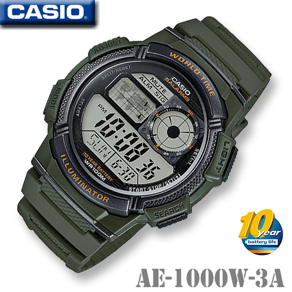 大きな割引 Ae 1000w 3a Casio World グリーン ワールドタイム 10気圧防水 電池寿命約10年 海外モデル 新品 送料無料 北海道 沖縄は一部ご負担 腕時計 デジタル 多機能 カシオ Digital Standard Time Ae1000w 3a Clickon Pk