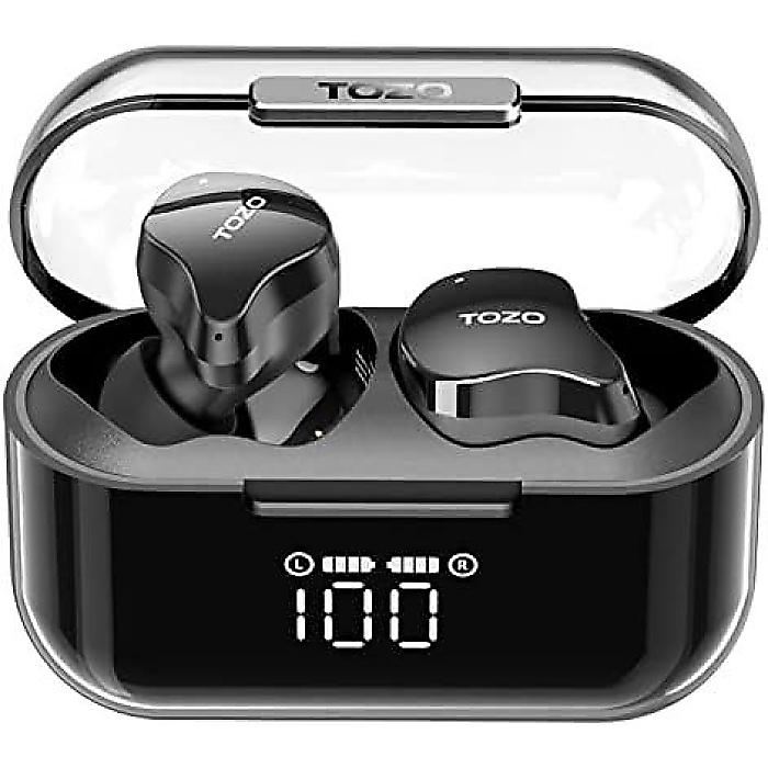 TOZO Crystal Buds Bluetooth 5.3 イヤホン IPX8防水 ステレオイヤホン デジタルディスプレイと透明ケース付き 高音質イヤホン ブラック夏休スペシャル