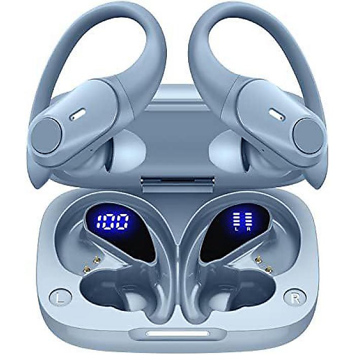 GOLREX Bluetoothヘッドフォン イヤホン 36時間再生 ワイヤレス充電ケース デジタルLEDディスプレイ オーバーイヤー イヤホン イヤーフック防水ヘッドセット スポーツランニングワーく シエラブルー夏休スペシャル