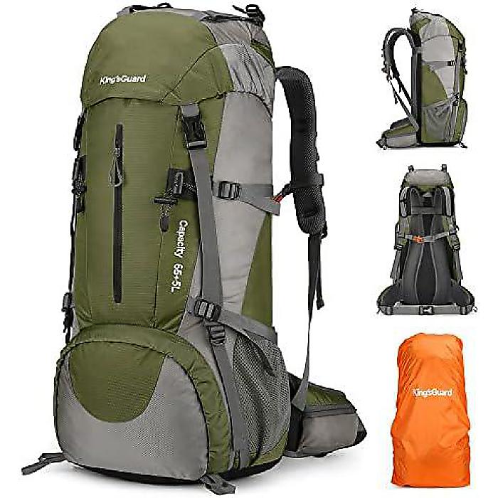 キングズガード 70Lハイキングバックパック（防水カバー付き）軽量トラベルバックパック防水キャンプバックパックデイパック アウトドア用 -フレームレス（アーミーグリーン）夏休スペシャル 13,460円