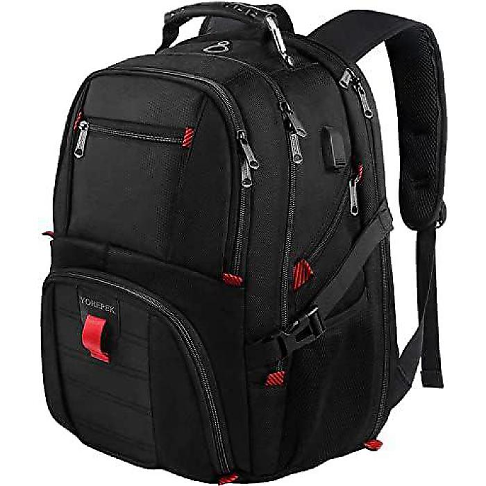 YOREPEK大容量50L ラップトップバックパック（男女兼用）防水カレッジバックパック エアライン承認済みビジネスワークバッグ USB充電ポート付き17インチコンピュータ収納可能 ブラック夏休スペシャル