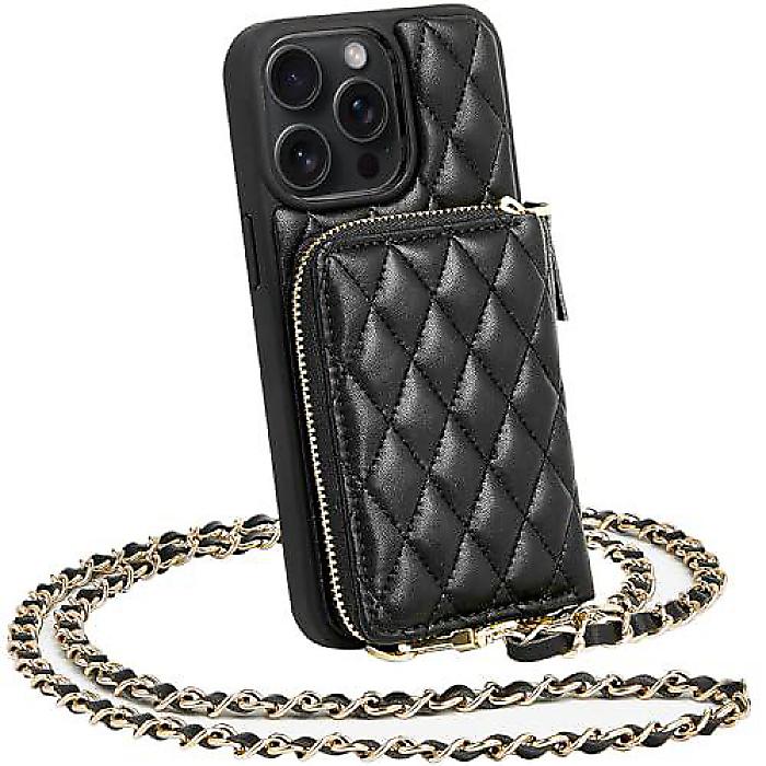 LAMEEKU iPhone 15 Pro Max(アイフォン15労働者階級マックス)クロスボディウォレットケース「クワイテッド」。なめし革製、歌留多拡張スロット＆保持者付き添い人、リストストラップ嘱する、亭主もち向けブラックハンドバッグカバー夏休特別