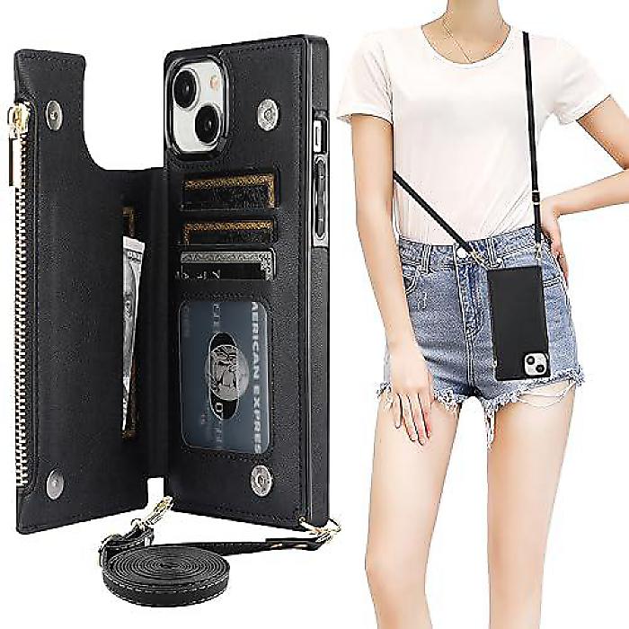 Bocasal iPhone 15 Plus(アイフォーン15付け加える)クロスボディウォレットケース RFID歌留多拡張スロット マグネティックフリップフォリオケース PUなめし革ハンドバック 6.7in5G用ランヤードストラップ付き添い人(黒いこと)夏休特別 ケース・カバー-スマートフォン・携帯電話アクセサリー