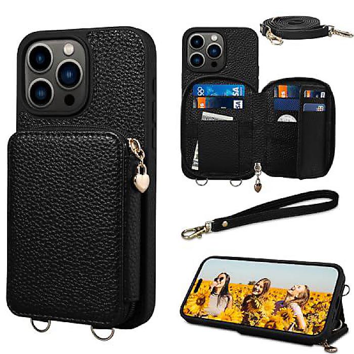 Keallce iPhone 15 Pro Max 6.7in ケースウォレット「クロスボディジッパー」RFIDブロッキングカードスロット 蹴りつける照明ランプ ラニヤード＆ハンドストラップ フリップレザーカバー, 黒いこと夏休特別