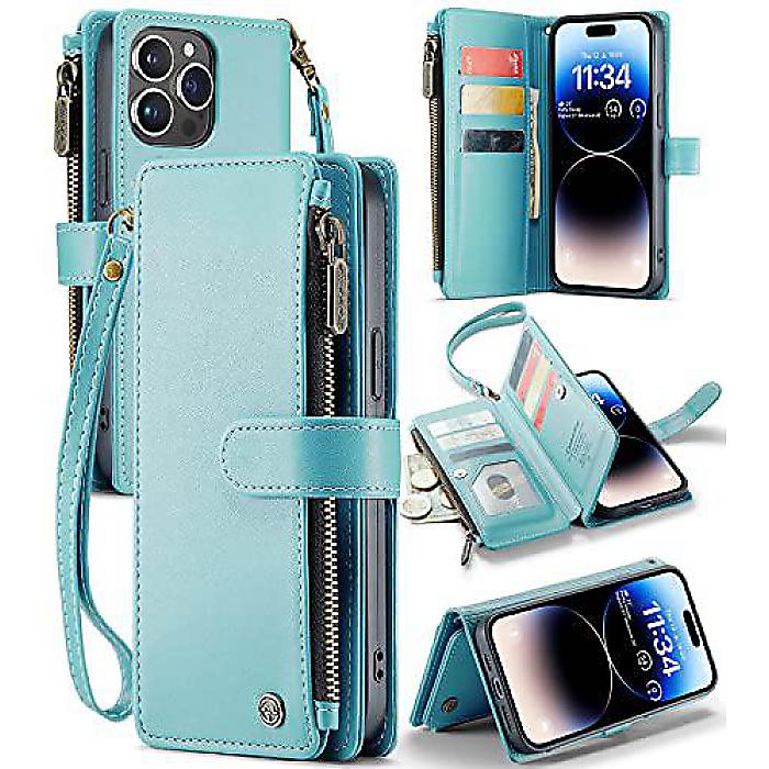 CaseMe iPhone 14 Pro Max(カスメ)ウォレットケース、カードホルダー付き、女性用レザーケース、マグネットキックスタンドストラップジッパー付き、ティファニーブルー夏休スペシャル