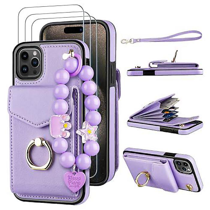 JAKPAK iPhone 15 Pro Max(アイフォン15労働者階級マックス) ウォレットケースカードホルダー＋映写幕プロテクター[3個入り口・入口]ブレスレットリストストラップ、保護すること札入れカバーリングホルダー 6.7インチパープル夏休特別