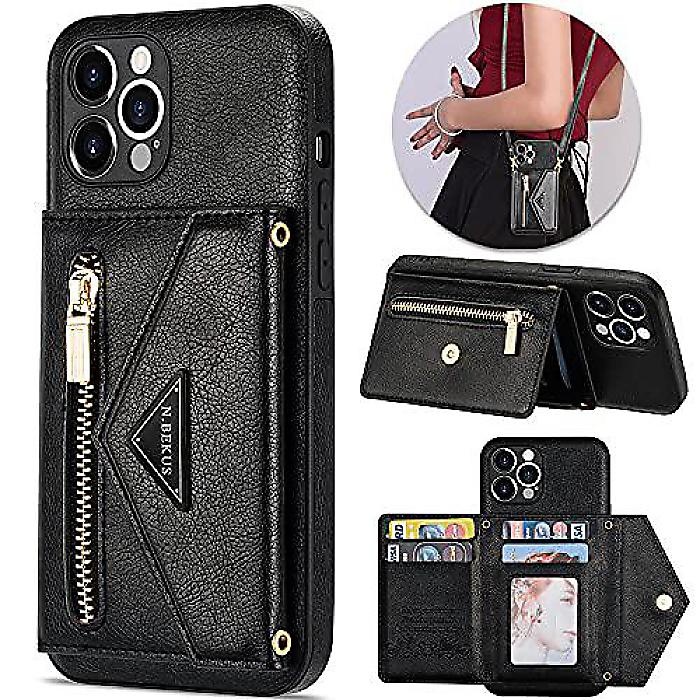 KUDEX iPhone 13 Pro Max(アイフォーン13 プロ マックス) ウォレットケース「カードホルダー付き」クロスボディストラップ付き レザーマグネット保護ハンドバッグカバー（ブラック）夏休スペシャル