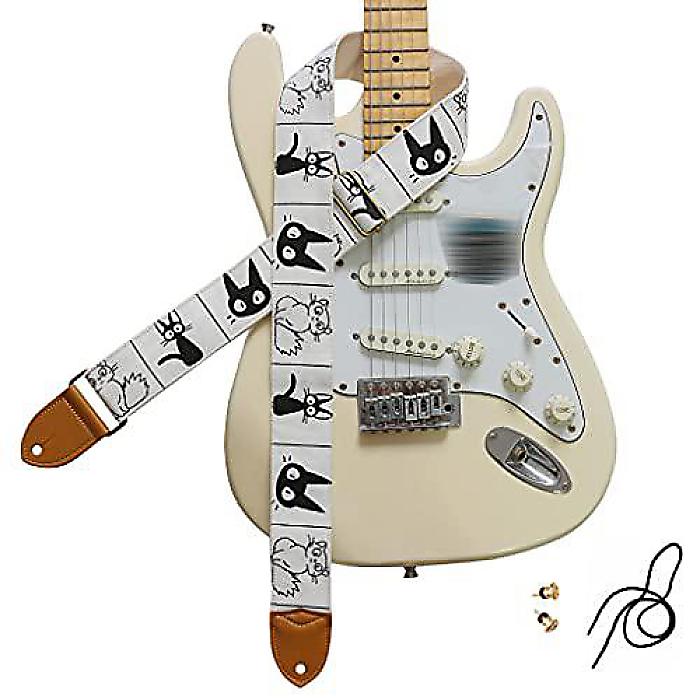 MUSIC FIRSTオリジナルデザイン カワイイコミックキャット ソフトコットンキャンバス＆本革エレクトリックギターストラップ 幅2インチ(5cm) (コミックキャット)夏休スペシャル｜ミュージックハウス フレンズ