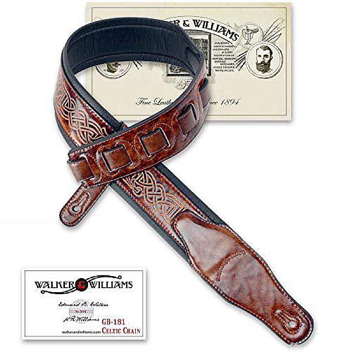 Walker & Williams GB-181 ウォーカー&ウィリアムズ ギターストラップ「ブルボンブラウン ブラシフィニッシュ ケルティックブレイドデザイン パデッド」 アコースティック、エレクトリック、ベースギター用夏休スペシャル 9,426円