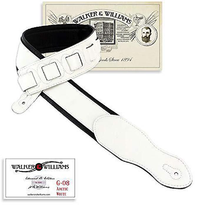 Walker & Williams G-08 パウダーホワイト ギターストラップ（グローブレザーバック付き）アコースティック、エレクトリック、ベースギター用夏休スペシャル