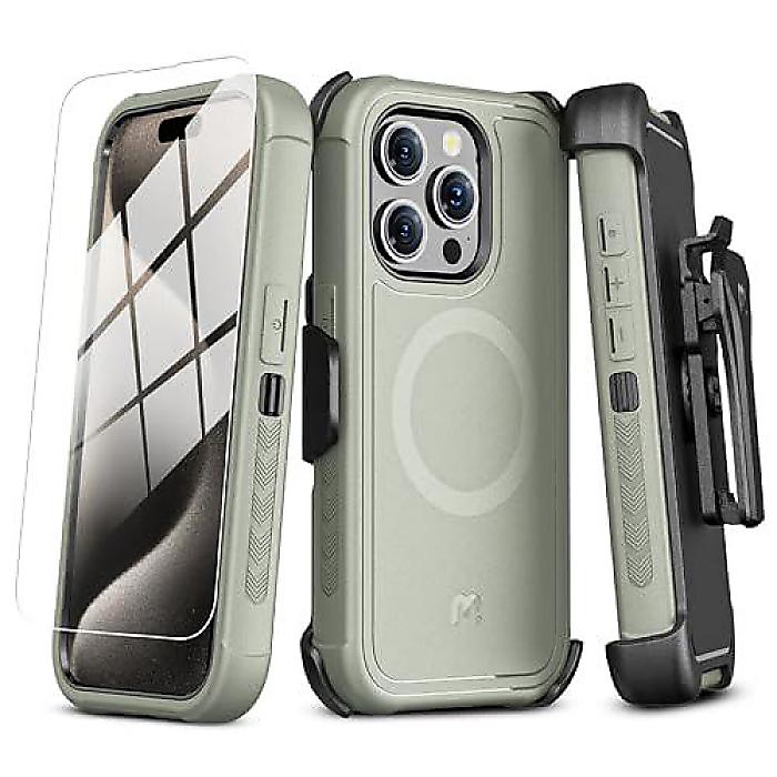 MYBAT PRO Maverick iPhone 15 Pro ケース「ベルトクリップホルスター付き」Magsafe対応 スクリーンプロテクター付き 耐衝撃 360°回転キックスタンド 高強度保護 ナチュラルチタン夏休スペシャル
