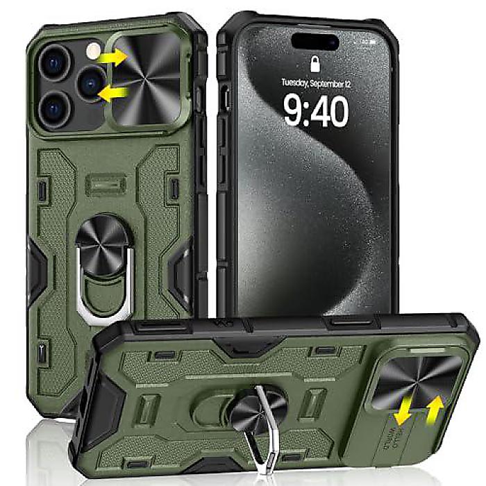 Caka iPhone 15 Pro Max容れもの（カカ アイホンジュウゴプロ マックス）蹴りつける照明ランプ＆写真機取りまかなう付き添い人 360度回転させる照明ランプ内蔵磁気保護することカバーフォンケース（緑）夏休特別