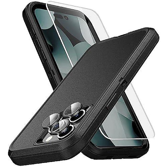 MXX iPhone 15 Pro Max 6.7in 2023用ヘビーデューティーケース+強化因子ガラススクリーンプロテクター+カメラレンズプロテクター ぼうぜん自失校正刷り 砂ぼこり校正刷り3層フルボディプロテクションカバー (黒いこと)夏休特別