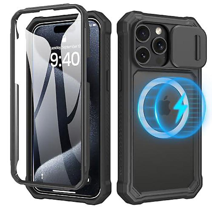 Ruky for iPhone 15 Pro Max(アイフォーン15労働者階級マックス) MagSafe相応う入れもの「黒いこと」 スライドカメラカバー付き添い人フルボディカバー＆内蔵スクリーンプロテクターケース夏休特別