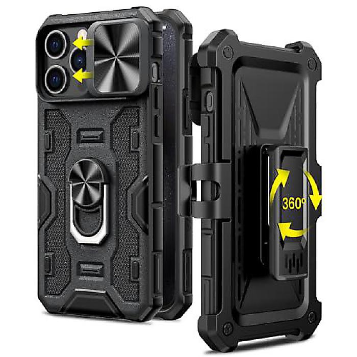 Caka iPhone 15 Pro Max(アイフォーン 15 労働者階級マックス) 入れもの「黒いこと」 横すべり式写真機押しかぶせる＆マグネットキックスタンド＆ベルトホルスター付き添い人 ミリタリー点数防ぼうぜん自失保護すること入れもの夏休特別