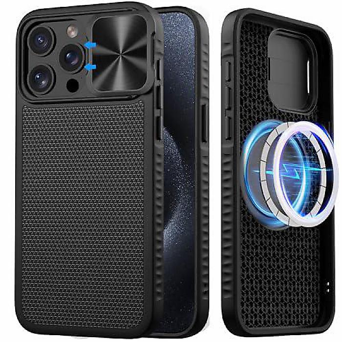 SIXBOX iPhone 15 Pro Max(アイフォーンジュウゴプロマックス)用入れもの「黒いこと」MagSafe \u0026 スライドカメラレンズカバー相応う、[軍事標準尺度落っこちる取り調べる済み] か細いで耐久性のある豪然たるな磁気式押しかぶせる入れもの夏休特別