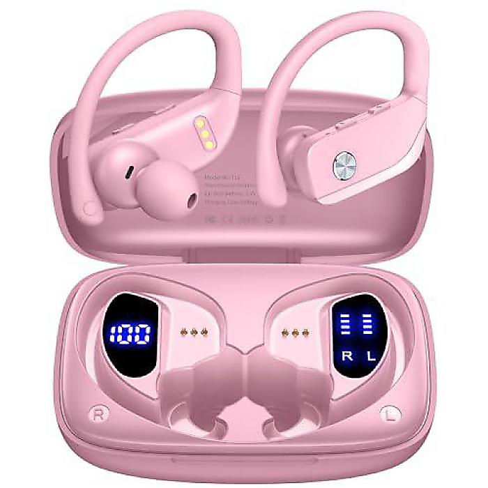 bmanl ワイヤレスイヤーバッド Bluetooth ヘッドホン 48時間再生 スポーツイヤホン LEDディスプレイ オーバーイヤーバッド イヤーフック内蔵マイク ヘッドセット ピンク夏休スペシャル｜ミュージックハウス フレンズ