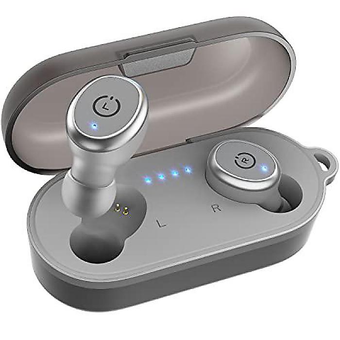 T10 Bluetooth 5.3ワイヤレスイヤホン ワイヤレス充電ケース付き IPX8防水ステレオヘッドホン マイク内蔵 プレミアムサウンド ディープベース スポーツ用 グレー夏休スペシャル