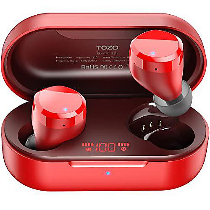 T12 Bluetoothワイヤレスイヤーバッド プレミアムフィデリティサウンド イヤホン ワイヤレス充電ケース デジタルLED表示 IPX8防水イヤホン スポーツ用 レッド夏休スペシャル
