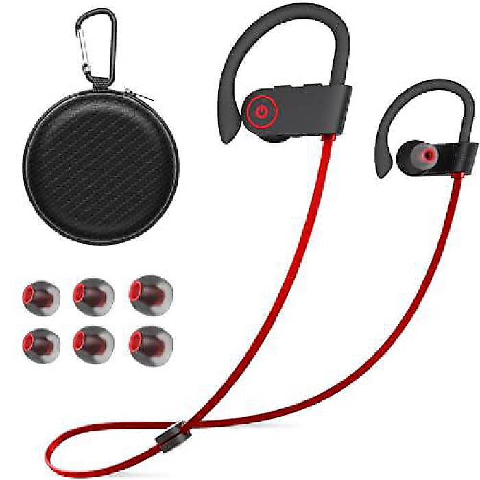 Bluetoothワイヤレスイヤホン16時間再生 マイク付きステレオイヤフォン IPX7防水スポーツ用サウンドイソレーション赤夏休スペシャル