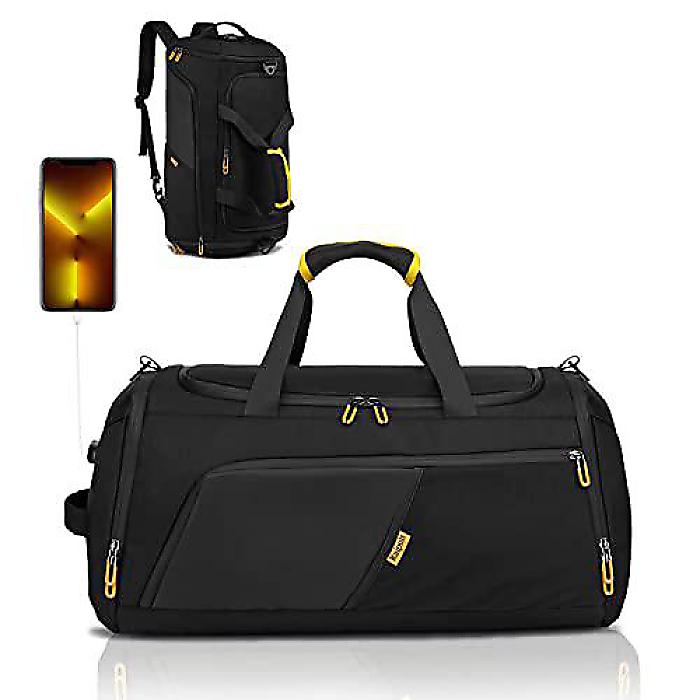 Gym Duffle Bag(ジムダッフルバッグ) バックパック 靴収納&湿気ポケット付き 50L 防水スポーツオーバーナイトウィークエンダーバッグ USBポート付 黒夏休スペシャル｜ミュージックハウス フレンズ