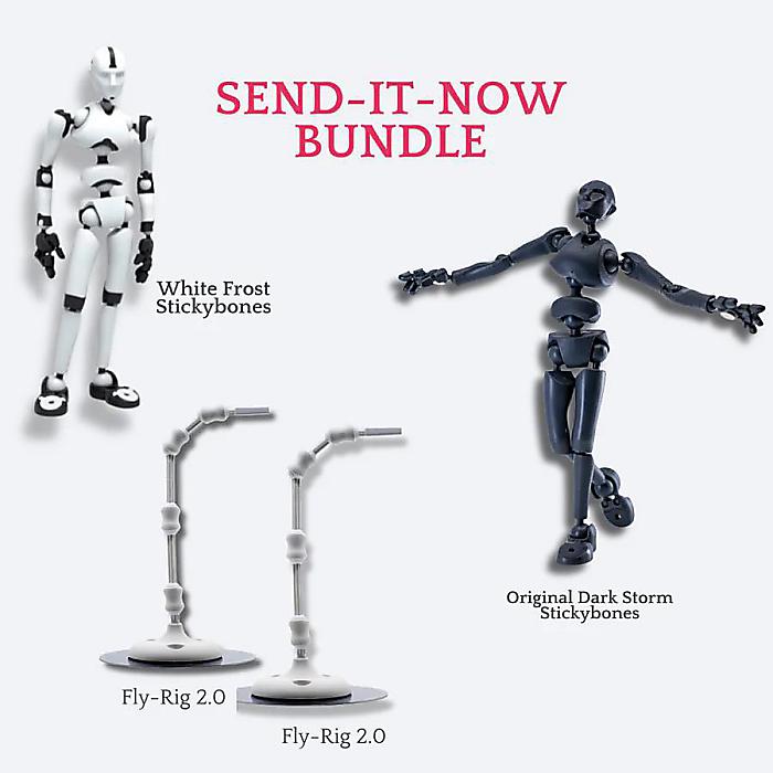 Stickybones(スティッキーボーンズ) / Send-It-Now Bundle (White Frost) 可動式ポーズフィギュア 2体 + Fly-Rig 2.0 ×2 セット デッサン人形 ポーズモデル アーティスト用新生活応援