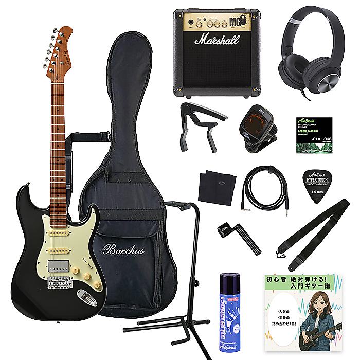 大特典付 【15点初心者(全部入り)ギターセット・マーシャルアンプ付】Bacchus(バッカス) / BST-2-RSM/M BLK エレキギター　ローステッドメイプルネック [ケース付属]夏休みセール