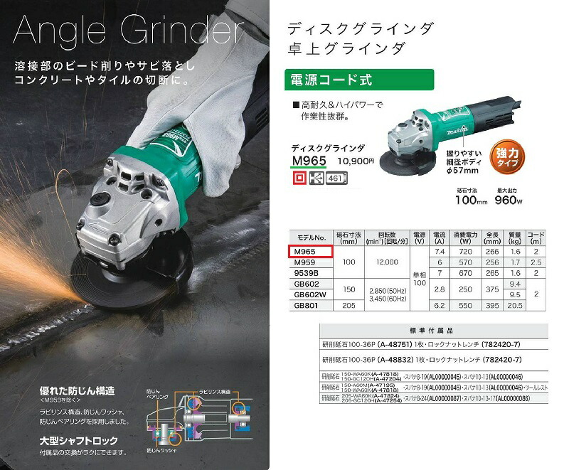 金属 サビ マキタ 電動工具セット 研削 研磨工具 18v 切断 錆び落とし ディスクグラインダー 塗装 ディスクサンダー 木 コンクリート プラスチック 金型 石 ゴム 車 ステンレス バイク 塗装 換気扇 ファン マキタ ディスクグラインダー 100mm 960w M965 電源コード式