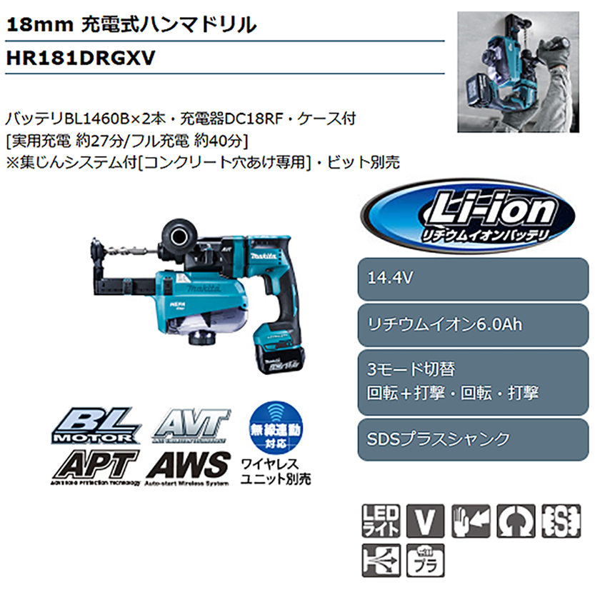 マキタ マキタ 14.4V(6.0Ah) 18mm充電式ハンマドリル HR181DRGXV