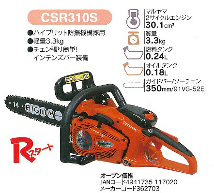 マルヤマ 丸山製作所 ｃｓｒ３１０ｓ ｂｉｇｍ Csr310s エンジンチェーンソー 目立て 替刃 Csr310s 電動工具 マルヤマ おすすめ ｃｓｒ３１０ｓ 人気 ハスクバーナ 送料無料 激安 通販 三河機工 カイノス 店 枝打ち 電動チェンソー 電動チェーンソー