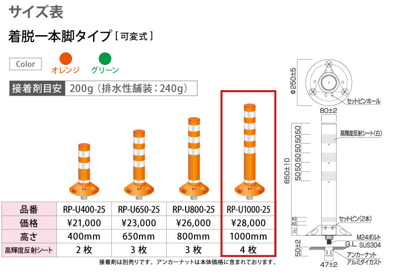 ラウンドポスト 250台座 着脱1本脚タイプ Rp U1000 25 高さ1000mm ベース径 250 道路 棒 ポール オレンジ グリーン ポストフレックス ロードコーン ガイドポスト ガードコーン ポストコーン ポールコーン ラバーポール 安全ポール ソフトコーン セーフティーコーン