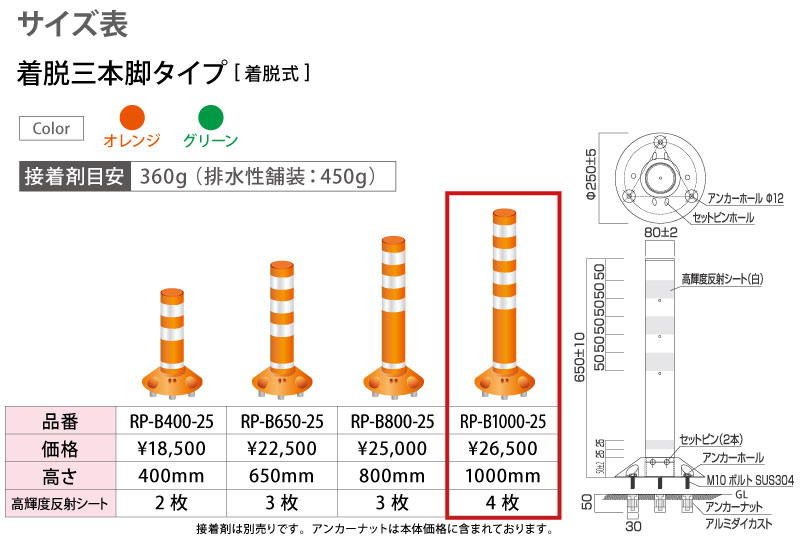 ラウンドポスト 250台座 着脱3本脚タイプ Rp B1000 25 高さ1000mm ベース径 250 道路 棒 ポール オレンジ グリーン ポストフレックス ロードコーン ガイドポスト ガードコーン ポストコーン ポールコーン ラバーポール 安全ポール ソフトコーン セーフティーコーン