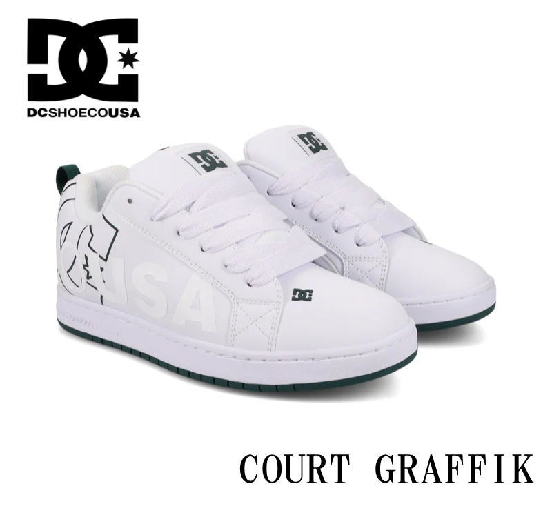 ディーシー dc メンズ ローカット スニーカー シューズ コートグラフィック フットウェア DM254020 114 COURT GRAFFIK ダンス スケーター ビッグロゴ ホワイト グリーン 白 緑 USA 限定 送料無料 男性 通学 かっこいい 26cm 26.5cm 27cm 28cm 29cm 30cm