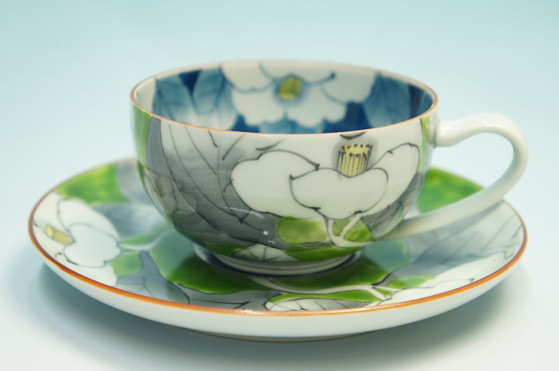 赤絵山茶花 お茶・珈琲碗皿(緑)\u003cBR\u003e