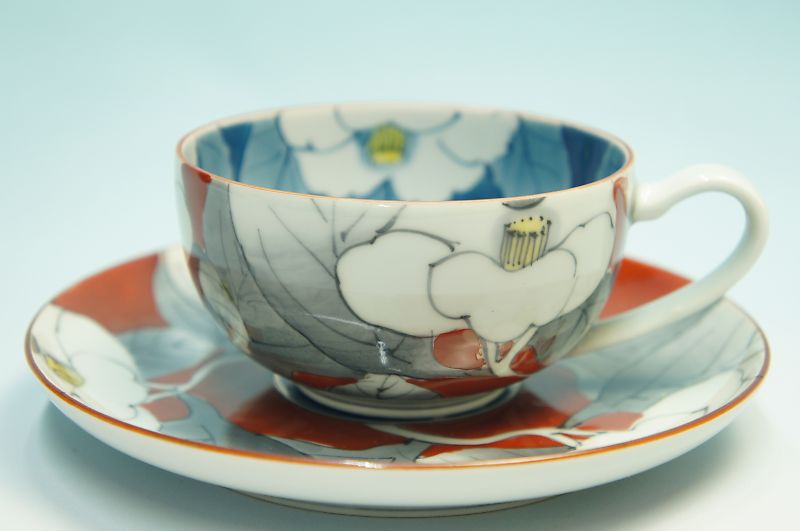 赤絵山茶花 お茶・珈琲碗皿(赤)\u003cBR\u003e