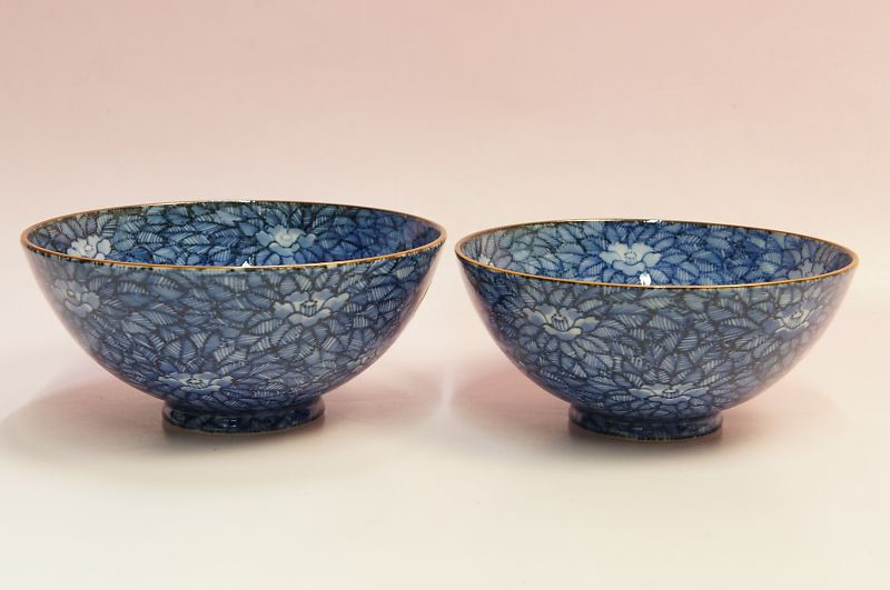 染付椿詰 組飯碗\u003cBR\u003e【お茶碗 上げ米茶碗】