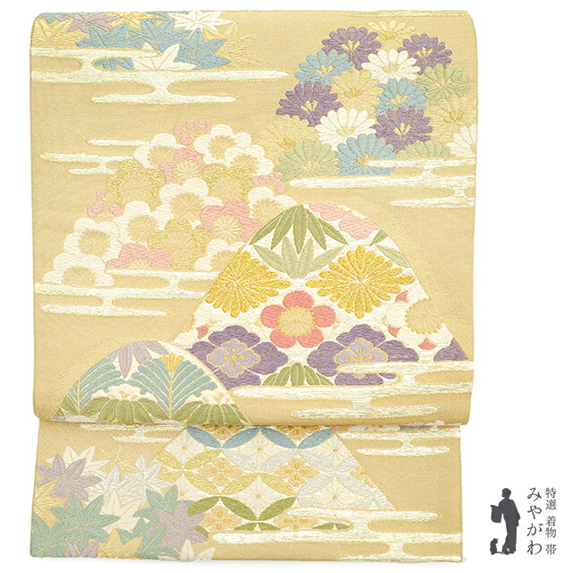 【中古】 袋帯 リサイクル 19800円均一 京都 西陣 金箔糸 金銀糸 遠山 に エ霞 四季の花 松 梅 菊 フォーマル 正絹 絹 留袖 訪問着 仲人 結納 結婚式 お祝い お茶会など 西陣織 販売 購入 中古 仕立て上がり みやがわ rb1118