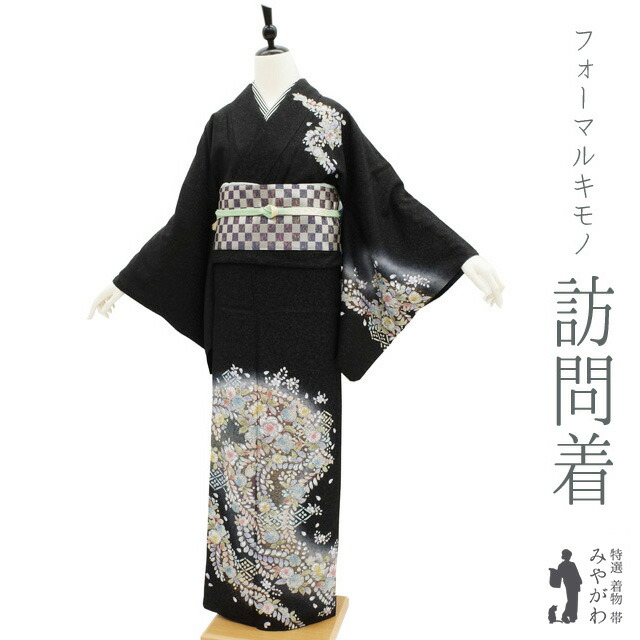 D310  振袖　辻ヶ花　桜　金通し　黒地　ロング丈　正絹　着物　袷　極美品 振袖フルセット 黒地 銀通し 松竹梅に桜や菊が豪華なお振袖 金彩