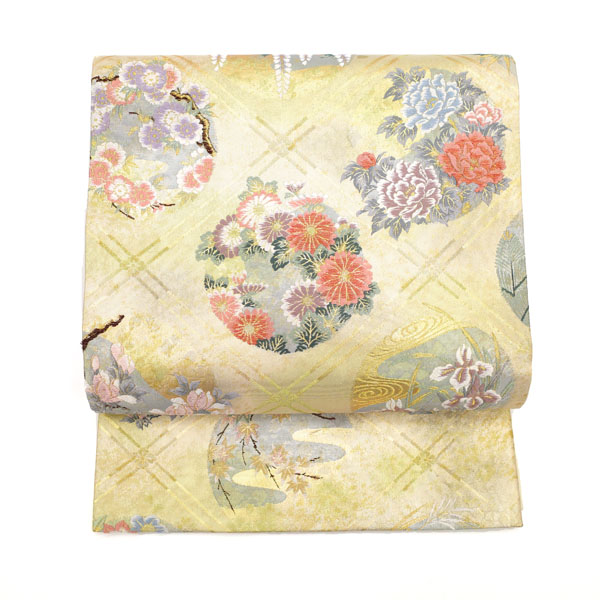 ＼半額／で買えます￥14850→7425 【中古】 袋帯 14850円均一 京都 西陣 引箔 金箔糸 金糸 菱取花丸文 菊 牡丹 桜 藤 正絹 絹 フォーマル 結婚式 披露宴 仲人 結納 入学式 卒業式 謝恩会 お祝い お茶会など 美品 購入 販売 リサイクル 中古 仕立て上がり みやがわ rb931