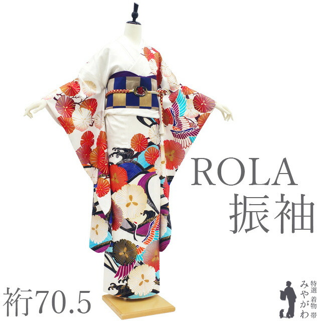 【中古】 振袖 着物 リサイクル 正絹 成人式 フォーマル ＲＯＬＡ ローラ ブランド 金駒刺繍 金彩加工 白地 白 鶴 波 花 二十歳 ２０歳 成人式 結婚式 卒業式 春 秋 冬 ROLA モデル 仕立て上がり 身丈173 裄丈70.5 ＴＬサイズ トールサイズ ＬＬ ２Ｌ みやがわ sb17140