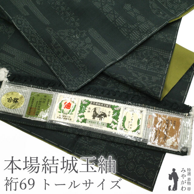 【新古品】 本場結城玉紬 袷 着物 未使用 正絹 黒緑 ダークグリーン 80亀甲 花丸文 ヱ霞 段柄 古典柄 カジュアル 春 秋 冬 結城紬 仕立て上がり 身丈168 裄丈69 ＴＬサイズ トールサイズ ＬＬ ２Ｌ みやがわ sb17840｜リサイクル着物 みやがわ 中古着物