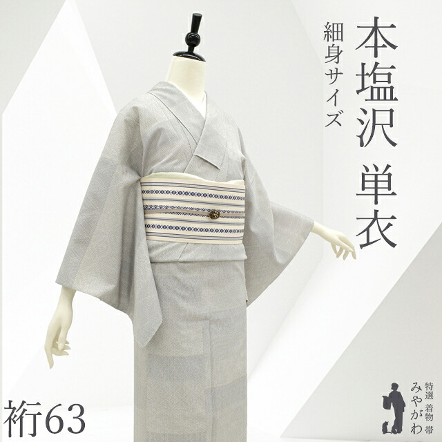 【新古品】 本塩沢 着物 未使用 正絹 単衣 春秋 塩澤 素色 ライトグレー 段柄 百柄 様々な文様 極上 カジュアル 春 秋 美品 仕立て上がり 身丈163 裄丈63 細身 Ｍサイズ みやがわ sb17944｜リサイクル着物 みやがわ 中古着物