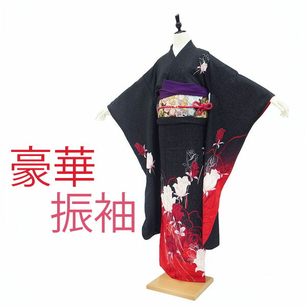 楽天市場】【中古】 振袖 袷 着物 金彩加工 刺繍 銀通し 正絹 絹 黒 紫 