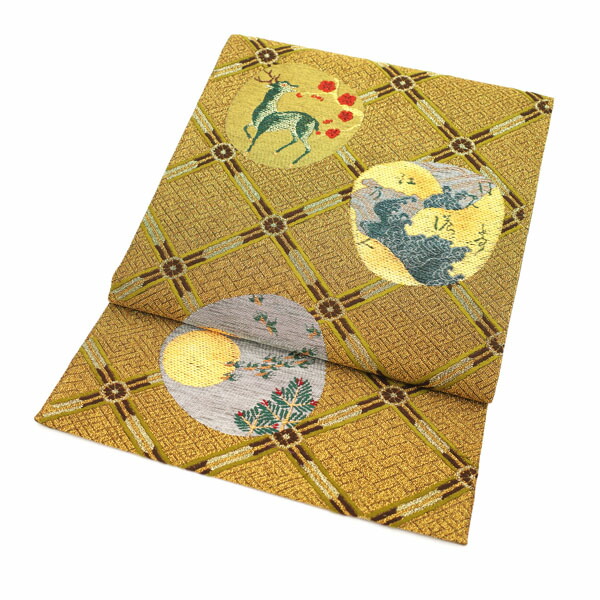 \半額/で買えます¥14850→7425 【新古品】 袋帯 リサイクル 西陣 京都 金糸 ゴールド 正絹 絹 鹿 波 満月 格子 菱 上質 フォーマル お祝い お茶会 パーティーなど ふくろ帯 西陣織 美品 未使用 販売 購入 新古品 仕立て上がり みやがわ rb465